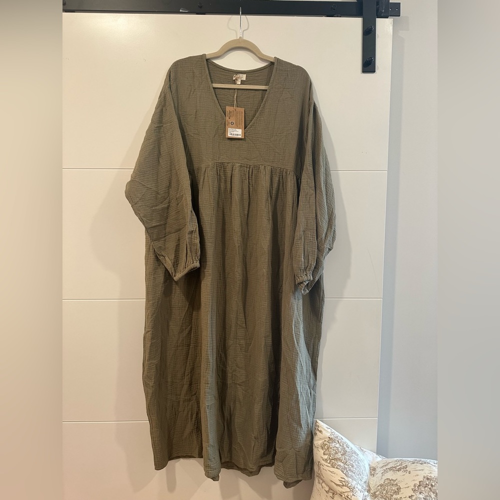 NWT The Simple Folk Cotton Gauze V-Neck Meadow Dress - Olive Green